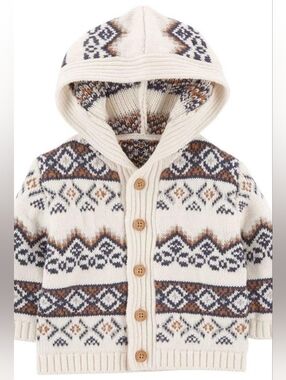 Cozy Hooded Fair Isle Knit Cardigan - Ivory/Brown/Blue - Baby Size 3M | EUC